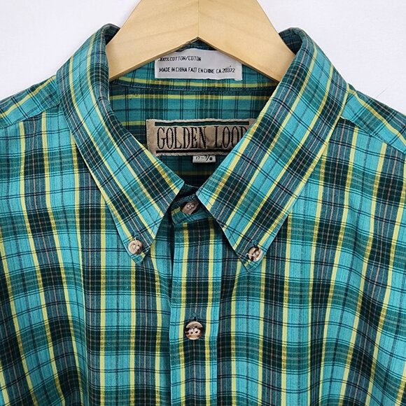 Vtg Cotton Plaid Long Sleeve Collared Button Down Shirt Turquoise Green Yellow - Picture 14 of 16